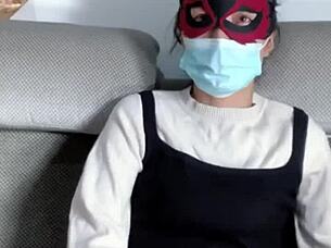 Big breasted asian seduces in transparent stockings, wet pussy