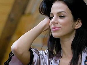 Big natural tits brunette milf model strips lingerie to reveal pussy