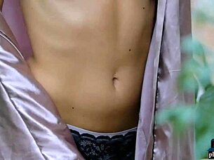 Big natural tits brunette milf model strips lingerie to reveal pussy