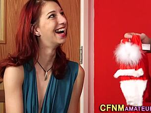 Redhead babe in CFNM sucks and tugs while wearing shoes and staying clothed.