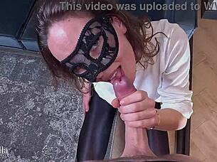 big cumshot lands on my shiny leggings in cfnm