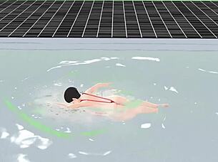 Anime girl swims in tiny bikini, showing nip slip.