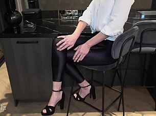 big cumshot lands on my shiny leggings in cfnm