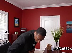 Curvy secretary gives sloppy blowjob and rides big black cock in lingerie, blonde with big tits and monster cock action.