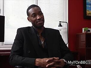 Curvy secretary gives sloppy blowjob and rides big black cock in lingerie, blonde with big tits and monster cock action.