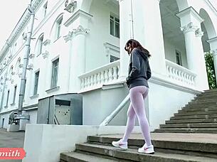 Jeny Smith flashes her sporty look in white pantyhose outdoors.