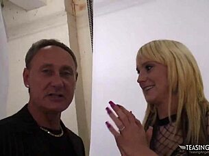 This blonde babe loves banging two guys.