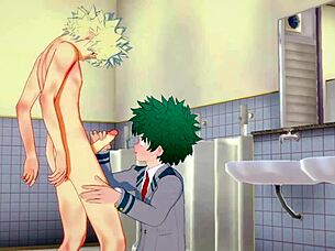 midoriya gets handjob and fucked by bakugou in bathroom.