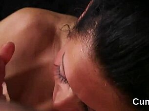 unusual model gets cumshot on face, gulping all the cream in blowbang