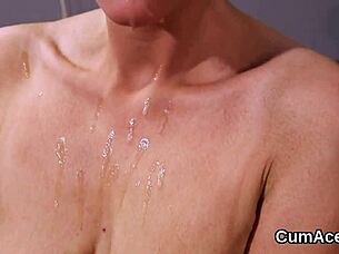 unusual model gets cumshot on face, gulping all the cream in blowbang