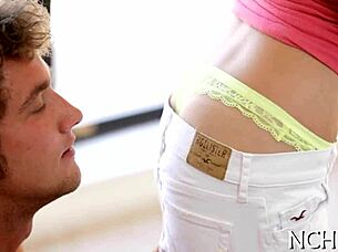 Teenies play hardcore blowjob contest on sofa with small tits