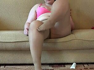 i feel so aroused as fat bbw in pantyhose licking my legs and masturbating
