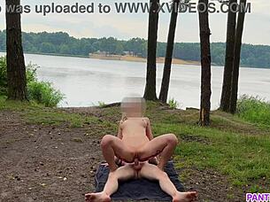 Hardcore riding by naked blonde in public with cum on tits