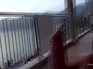 Sexy milf caught jerking off a big cock in the hotel, leading to blowjob and assfucking, sprayed twice outdoors