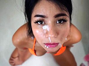 Asian girlfriend receives cum facial from her foreign sponsor