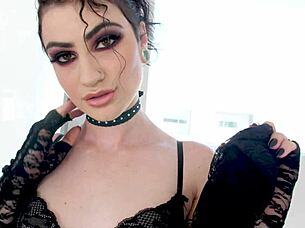 Lydia black small tits brunette swallows huge cock cum