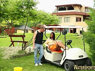 Old slut gets pissed on outdoors after blowjob and fingering fetish