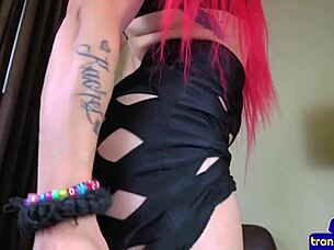 Redhead Tranny Babe Strips And Tugs Fat Cock