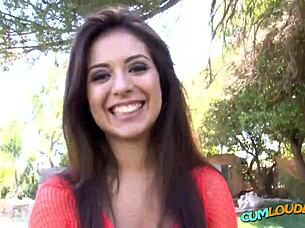 Babe in fishnets does dirty talk during outdoor casting interview.