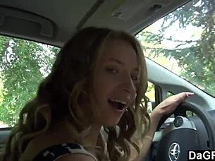 blonde teen gives handjob in car while driving