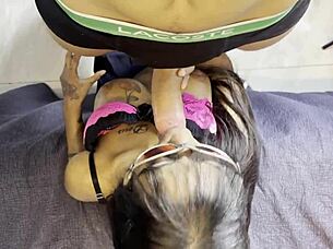 Skinny slut gets naked for gay friend who eats pussy first time, then anal orgasm