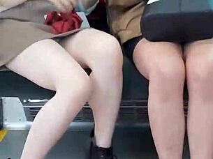 Japanese cuties teasing with upskirts on train