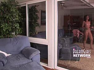 coed fucks vibrator on floor to orgasm with fingering