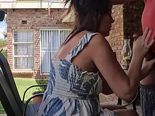 sucking his cock in the dress, want to join the outdoor fucking?