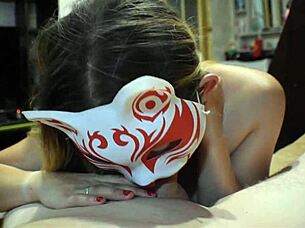 She has a hard cock in her dirty mouth.