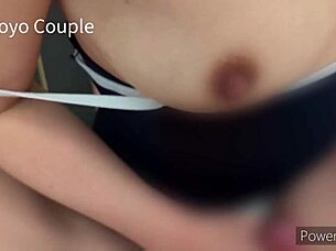 wife cosplays in school swimsuit for young man, takes off wet swimsuit 😘