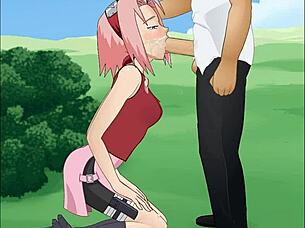 Sakura haruno from naruto does a super deepthroat in this hentai scene.