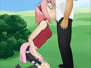 Sakura haruno from naruto does a super deepthroat in this hentai scene.