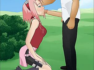 Sakura haruno from naruto does a super deepthroat in this hentai scene.