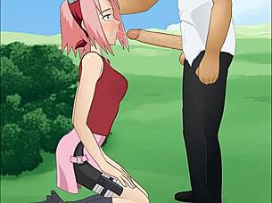 Sakura haruno from naruto does a super deepthroat in this hentai scene.