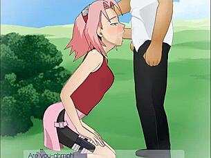 Sakura haruno from naruto does a super deepthroat in this hentai scene.