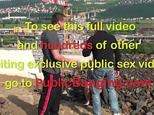 Young blonde cutie public sex gangbang threesome with 2 guys with big dicks