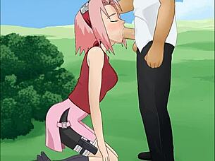 Sakura haruno from naruto does a super deepthroat in this hentai scene.