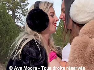 Two slutty friends sucking cocks in snow, facial finish