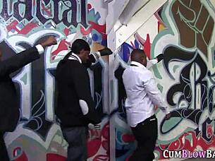 babe throating in a blowbang session.