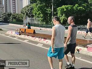 Naughty guy hunting gets bareback blowjob and fucked by two big cocks