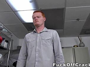 Redhead guy at work in office tempted by cash pleasures monster black dick