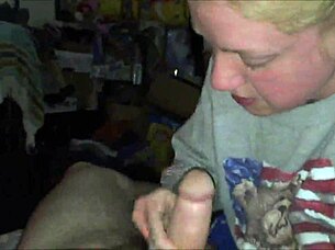 Blonde lass blowing cock and swallowing cum