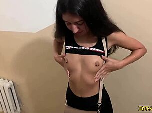 Russian slut Katty West fucks a stranger for money, showing her natural tits and pierced nipples.