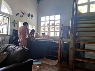 Three Girls Dominate Guy In Spa Bath Orgy