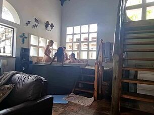 Three Girls Dominate Guy In Spa Bath Orgy