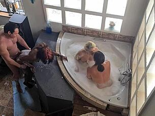 Three Girls Dominate Guy In Spa Bath Orgy
