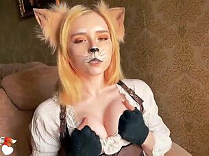 Steampunk girl in fox cosplay has hard doggy sex and blowjob leading to oral creampie.