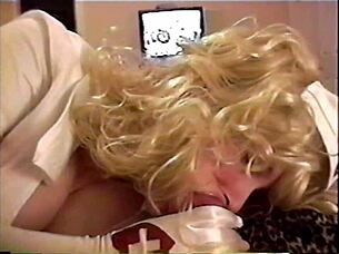 busty brunette roleplays as blonde nurse, sucks patients cock hard for relief!