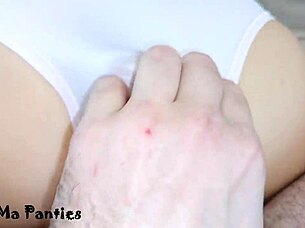 Step sister teases by rubbing his cock on her shaved pussy in lingerie while riding close up part 2