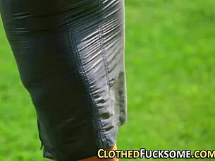 European woman gets fucked outdoors in threesome with blowjob and cumshot